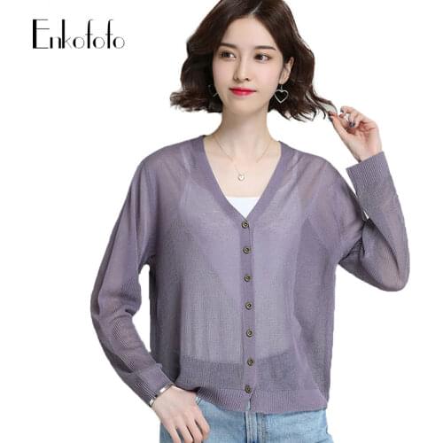 2019 Korean Thin Cardigan Sunscreen Silk Cotton V Collar Short Knit Sweater Women Long Sleeve Buttons Air Conditioning Cardigans