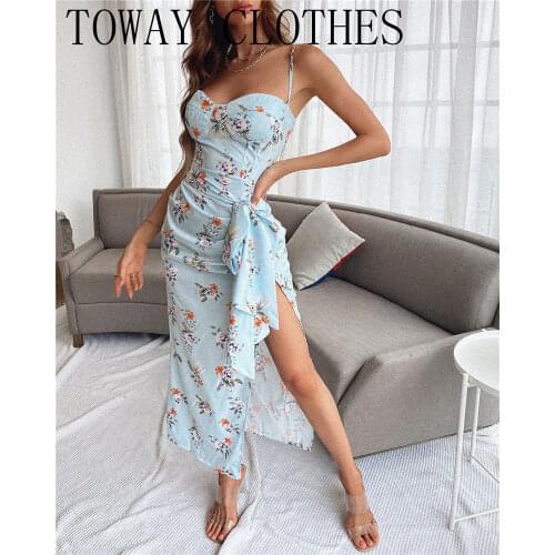 Floral Print Spaghetti Strap High Slit Ruched Maxi Dress Summer Dress For Women 2021 Vacation