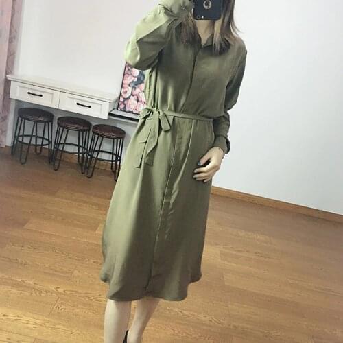 Women Summer Silk Dress Turn down Collar green shirt dress Vintage Natural silk dresses Elegant Dress Casual real silk dress