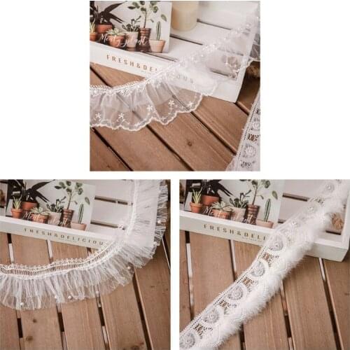 1 Yard Pleated Mesh Lace Ruffle Trim Ribbon Pearl Beaded DIY Sewing Applique