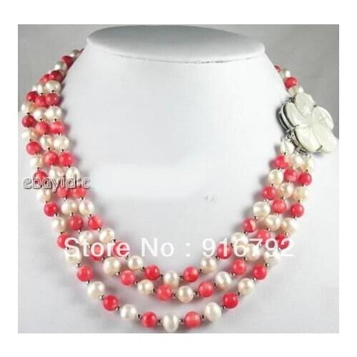Free shipping >>>>>White FW Pearl Pink Coral 3 Row Necklace Shell Clasp