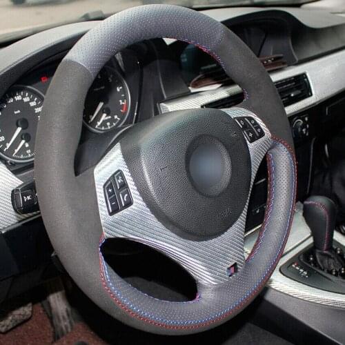 For BMW E90 320i 325i 325xi Black Leather Black Suede Car Steering Wheel Cover Anti-slip fit all season