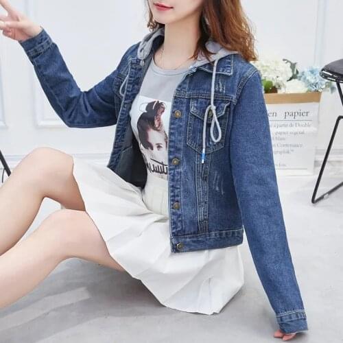 Denim Short Jacket Women 2021 Spring Autumn New Long-Sleeved Hooded Cowboy Coat Ladies Student Short Jeans Outwear Female L819