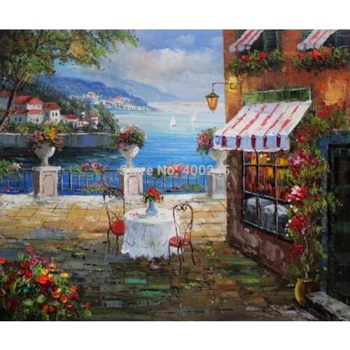 Canvas Art Landscape Oil painting garden Cafe Italy High quality hand painted modern artwork for living room bedroom wall decor