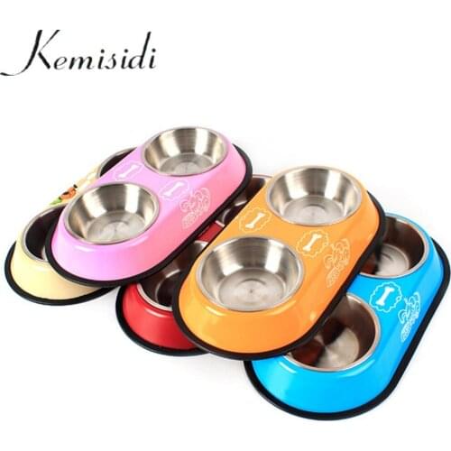 KEMISIDI 6 Color Double Stainless Steel Bowl Food Water Feeder Puppy Animal Feeding Drinking Dish For Pet Dog Cat Size S L