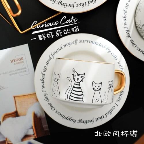 Ceramic Nordic simple black and white cat coffee cup dish set flower tea black tea pull flower cup wind creative customization