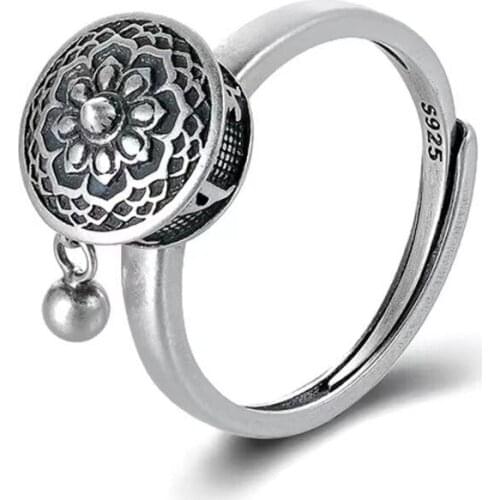 Retro Six Character Zhenyan Ring Ethnic Style Opening Ring Female Tibetan Silver Plated Revolving Amulet Faith Jewelry Gift