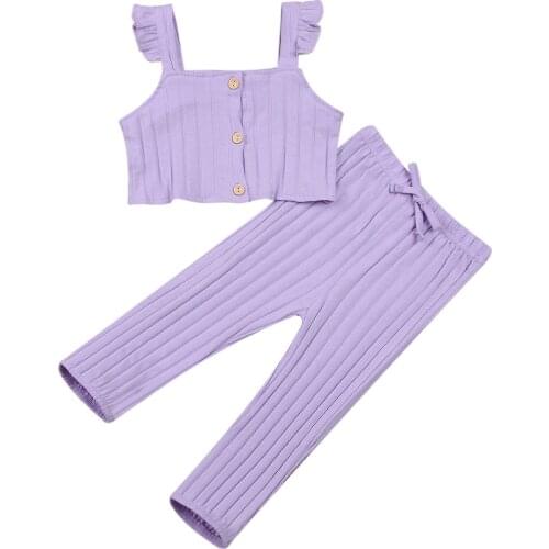 2Pcs Girls Kid Children Solid Ribbed Sets Sleeveless Button Top Long Pants Infant Toddler Summer Outfits Baby Clothing 12M-5T