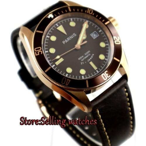 New Parnis 41mm coffee dial super luminous date Rose gold case miyota 8215 Automatic mens Watch