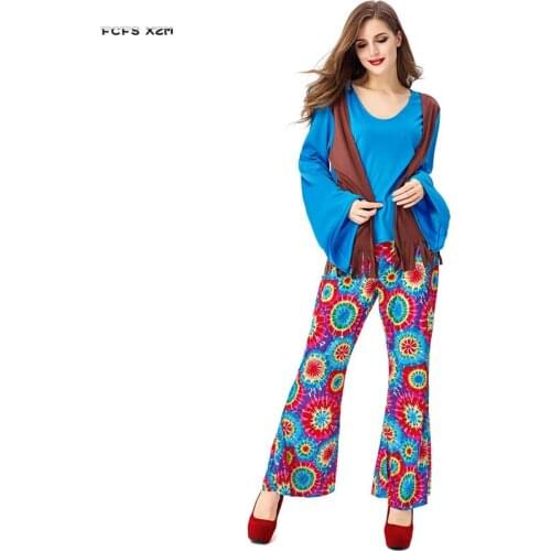 Unisex Floral Print Adult Hip hop Singer Cosplay Women Halloween hippie Costumes Carnival Purim parade Nightclub Bar party dress