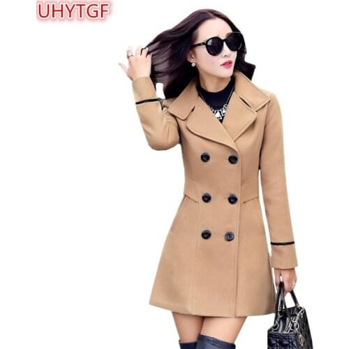 UHYTGF Autumn And Winter Wool Jacket Womens Clothing Medium Length Woolen Coats Slim Wild Elegant Female Plus Size Outerwear 124