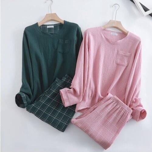 Women Lounge Soft Pajamas Sets Japanese-style Solid Cotton Sleepwear Long-Sleeve Yarn Spring Summer Homewear Pink Green 2 Pieces