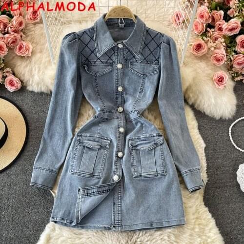 ALPHALMODA Autumn 2021 New Korean Version Single Breasted Turn-down Collar Puff Sleeve Denim Dress Casual Short Dress for Girls