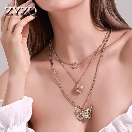 ZYZQ Personality Exaggerated Love Hollow Butterfly Necklace Fashion Long Multi-Layer Ladies Sweater Chain