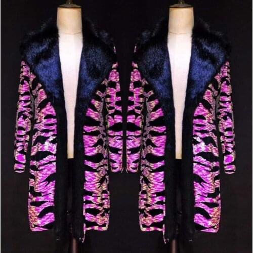 2018 Plus Size Purple Sequins Long Jacket Men Dance Show Winter Clothes Men Singer Blazer Wear Bar Nightclub Prom Costume Outfit