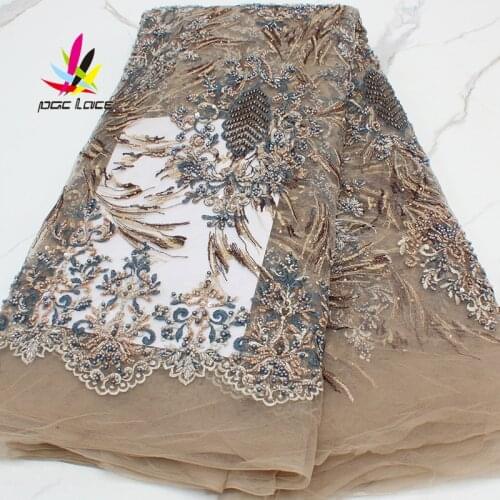 2021 Luxury African Handmade Lace Materials Fashion Tissu Coffee French Mesh Fabric for Bridal Beaded Lace Fabrics XZ2896B-3