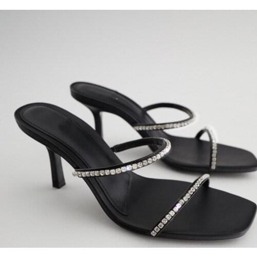 2021 Womens Shoes Black Square Head Rhinestone Accessories High-heeled Sandals Women Shoes Sandals Plus 35-40