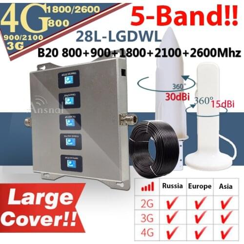 Five-Band CellPhone Cellular Amplifier B20 800 900 1800 2100 2600Mhz GSM Repeater 2G3G4G Mobile Signal Booster Repeater LTE DCS
