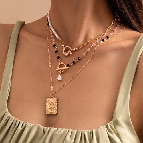 High Street Gold Color Flower Printed Alloy Square Coin Pendant Necklace for Women Girls Multi-layer Faux Pearl Beaded Necklace