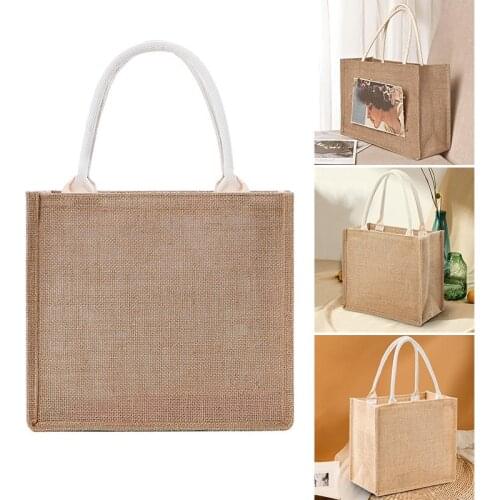 Jute Tote Bags Burlap Bags with Soft Handles Reusable Shopping Bags Womens Summer Beach Travel Bag Storage Bags Organization Re