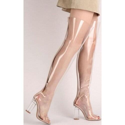 Hot selling open toe PVC transparent over the knee boots Summer thigh high boots for woman thick heels long boots