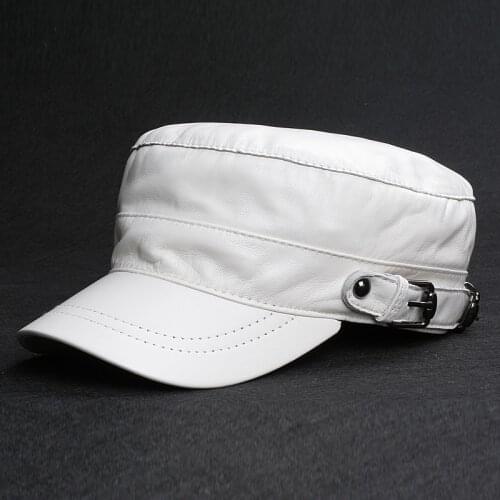 Korean Flat Top Military Hats Men Genuine Leather Fitted White Caps Male Young Thin Casual Casquette Homer