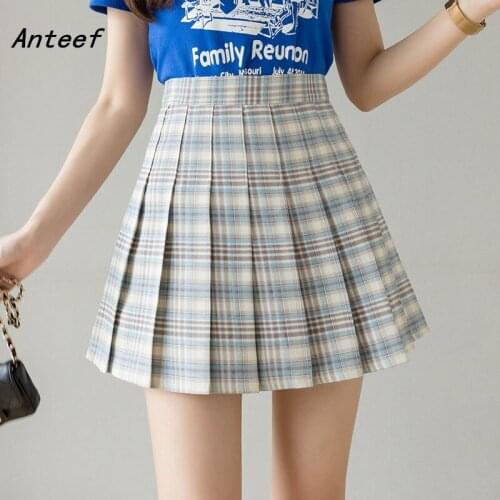Korean fashion vintage pleated plaid high waist summer casual loose for woman mini skirts womens 2021 skirt clothes