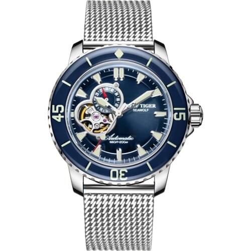 Reef Tiger RGA3039 Men 200M Waterproof With Super Luminous Hallow-out Dial Automatic Mechanical Wrist Watches - Steel