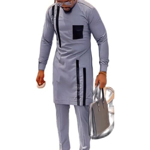 Gray Patchwork Tops Design Cotton Mens Sets Shirt With Pant African Fashion Male Groom Suits Wedding Party Ankara Outfits