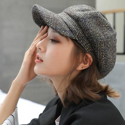 New Octagonal Newsboy Winter Women Cap Thicken Wool Visors Caps Autumn Casual Painter Fashion Plaid Beret Hat