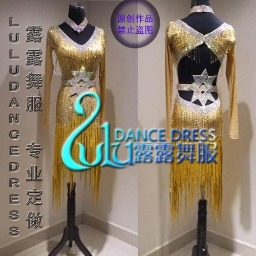 Custom made no stone latin dress Golden Pearl tube Blue Lycra Latin dance dress