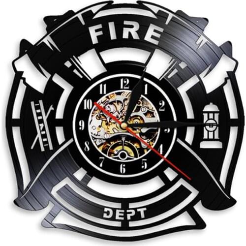 Fire & Rescue Fire Dept Sign Decoration Wall Clock Firefighter Vinyl Record Wall Clock Man Cave Firemen Decorative Clock Watch