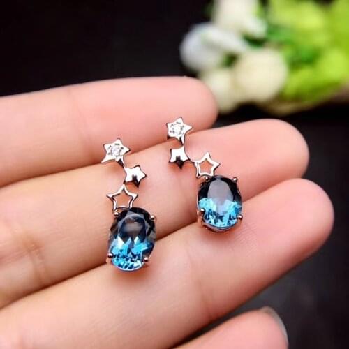 Natural blue topaz gem earrings S925 silver natural Gemstone drop earrings fashion Lovely Stars round Women girl gifts jewelry
