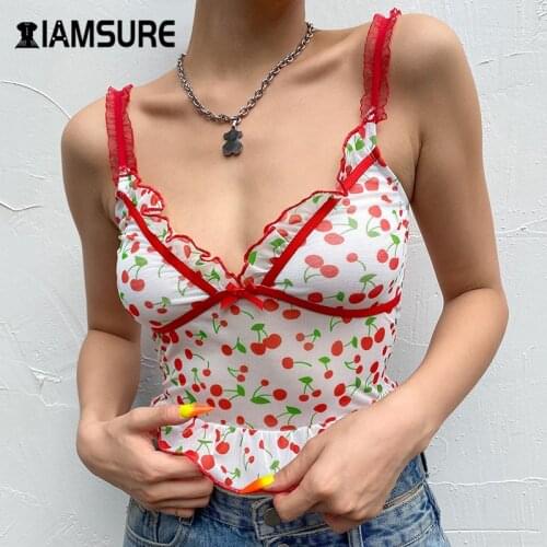 IAMSURE Cherry Printed Cute Ruffles Crop Tops For Women Streetwear Sexy V-Neck Mesh Female Tank Tops Summer Aesthetic y2k Tops
