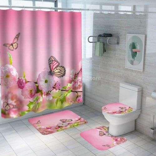 Butterfly Shower Curtain Pink Flower With Non Slip Rug Mat Bathroom Curtains Waterproof Polyester Bathroom Curtain with Hooks