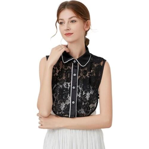 Women Hollow Out Floral Lace Black False Collar See-Through Detachable Dickey Decor Contrast Piping Lapel Half Shirt