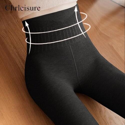 CHRLEISURE Winter Sexy Leggings Women Velvet Thick Winter Leggings High Waist Vertical Stripes Slim Abdomen Winter Warm Leggings