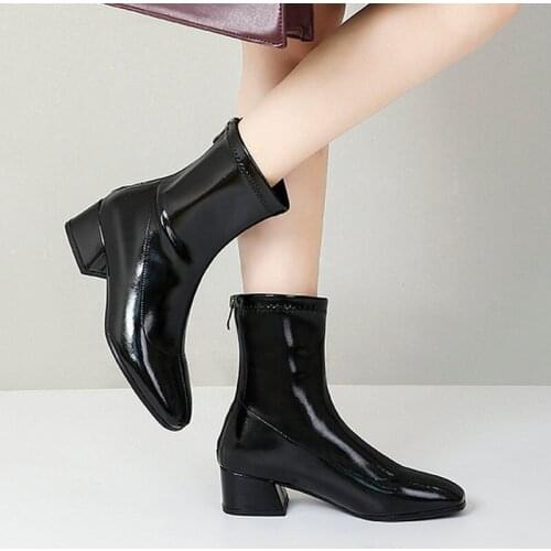2021 New Ankle Boots Women Fashion Square Toe Mid Heels Boots Patent Leather Autumn Lady Shoes Zip Square Heel Winter Booties