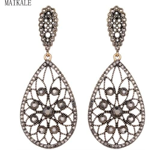 MAIKALE Vintage Geometric Waterdrop Alloy Black Rhinestone Big Long Exaggerated Earrings for Women Jewelry Gifts High Quality