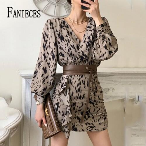 FANIECES Vintage Leopard Print V Neck Skinny Mini Dresses Women Summer Chiffon Long Puff Sleeve Ruffle Belt Laced Up Vestidos
