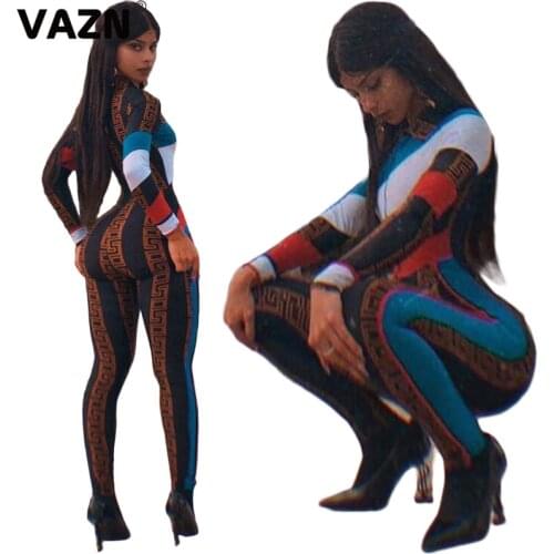 VAZN 2020 Top Quality New High Street Young Patchwork Running Sports Sportswear Full Sleeve Women Shinny Slim Jumpsuit