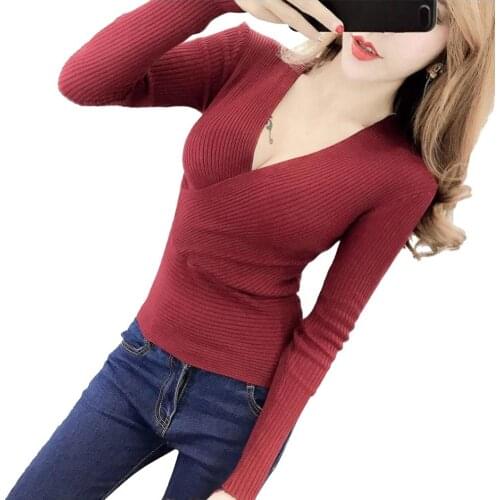 Women Knitwear Sweaters Solid Color Sexy Deep V Neck Sweater for Women Slim Basic Top Pullovers Women Knitted Jumpers Sweaters