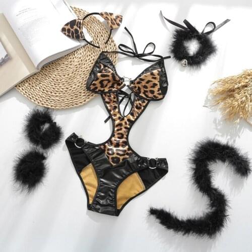 Women Naughty Leopard Cat Lingerie set Girls Sexy Erotic Costume Fetish Bodysuit Cosplay Body Backless Nightwear