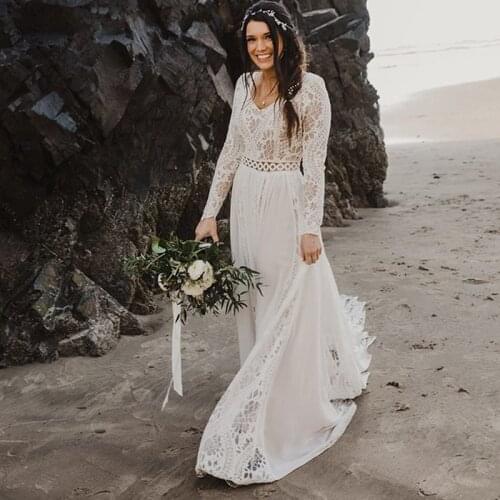 2021 Beach Boho Elopement Photoshoot Wedding Dress vestidos de novia Long Sleeve Bridal Gown V Neck Lace Chiffon A Line Seaside