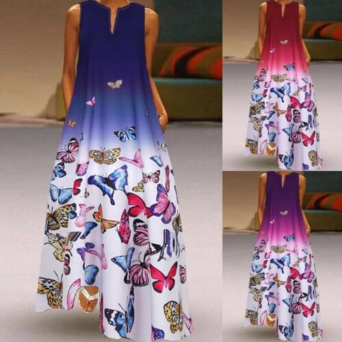 Women Plus Size Butterfly Print Daily Sleeveless Vintage Boho V Neck Maxi Dress Summer Retro Women Loose Beach Dress XXXXXL