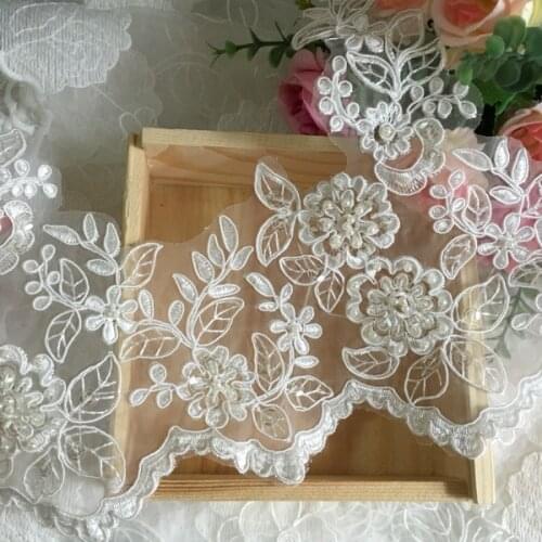 1meter 21cm beaded Ivory, White Fabric Flower Venise Venice Lace Trim Applique Sewing Craft for Wedding Dec. SC036