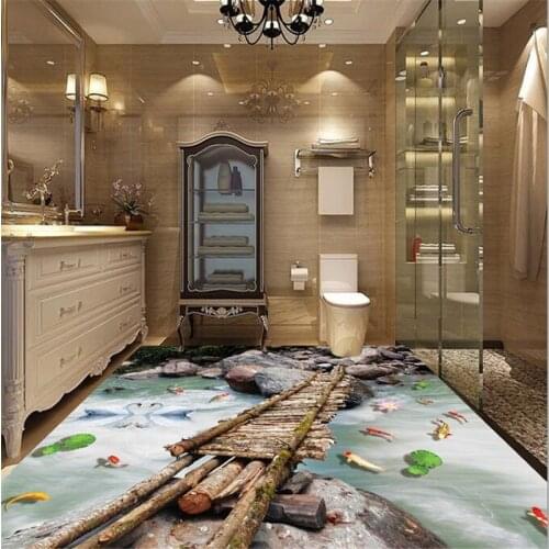 Beibehang Custom Flooring Decorating 3d wooden plank lotus carp stone 3D flooring three-dimensional painting papel de parede