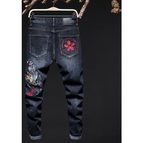 Design Straight Leg Stretch Jeans Men Personalized Street Embroidery Animal Slim Fit Jeans Business Casual Denim Trousers Male