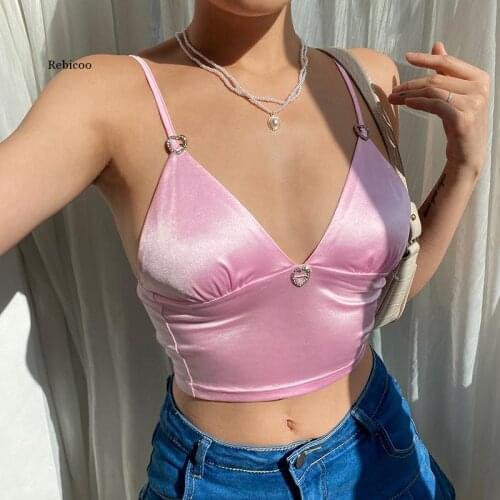 Clubwear Party Shiny Heart Rhinestones Corset Crop Top Women Sexy Casual Solid Color V-Neck Sleeveless Summer Camisole