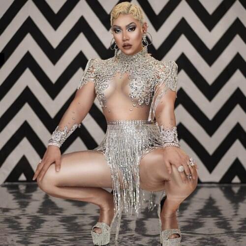 Silver Sequins Fringes Elastic Skinny Bodysuit Women Birthday Party Tassel Jumpsuit Singer Dancer Performance Nightclub Costume